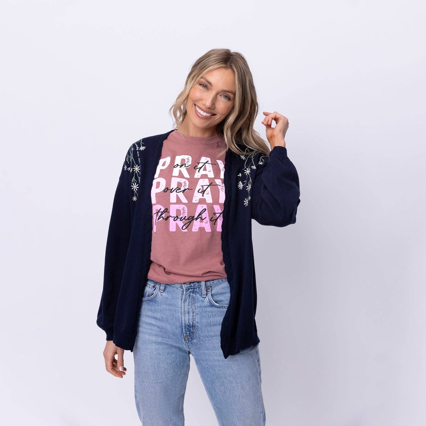 Kind Words Are Like Honey Floral Embroidered Navy Cardigan - Purpose + Passion Boutique