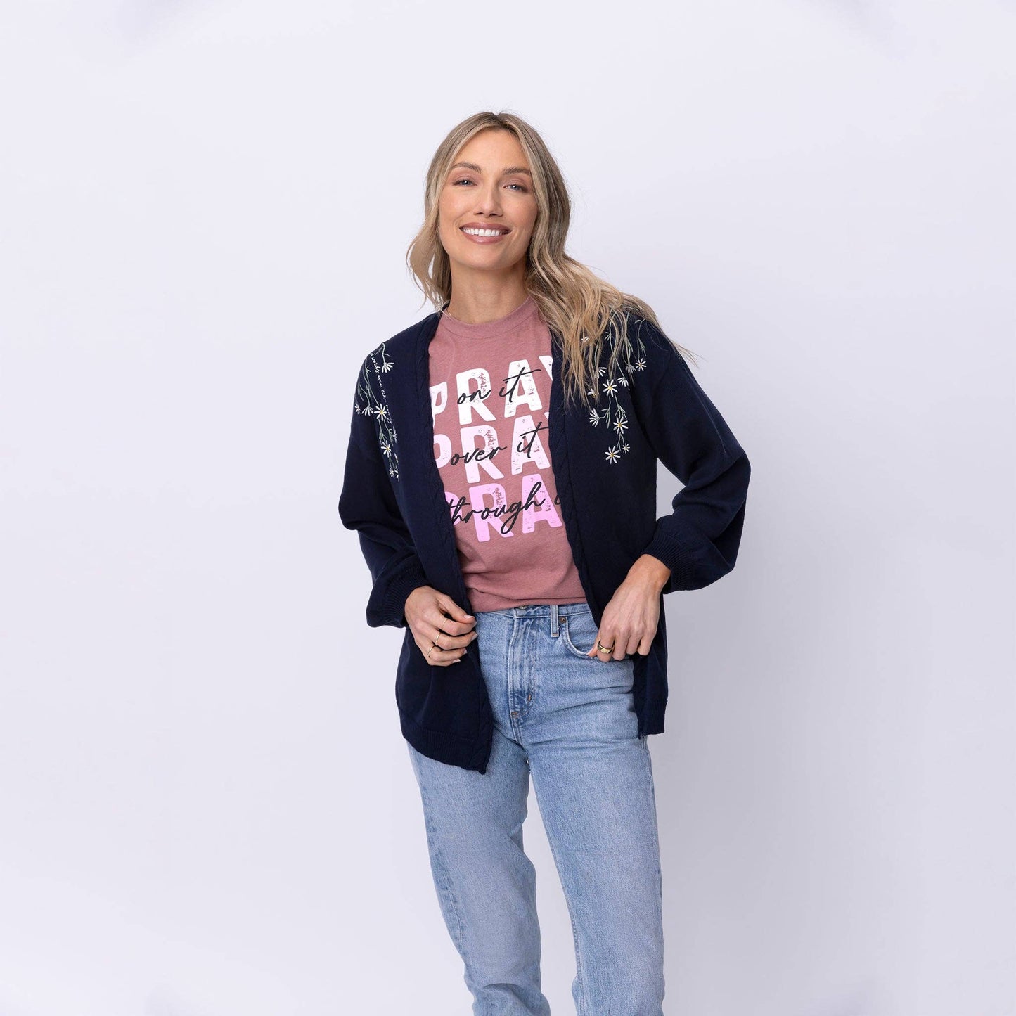Kind Words Are Like Honey Floral Embroidered Navy Cardigan - Purpose + Passion Boutique