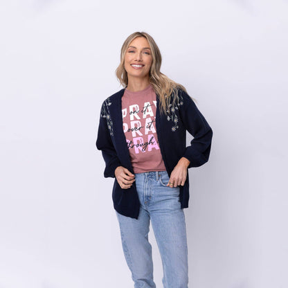 Kind Words Are Like Honey Floral Embroidered Navy Cardigan - Purpose + Passion Boutique