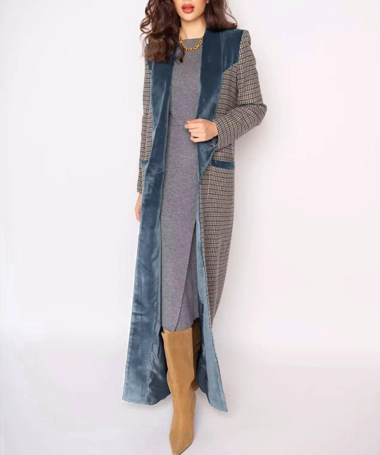 Lattice Lapel Plaid Velvet Lined Long Trench Coat - Purpose + Passion Boutique