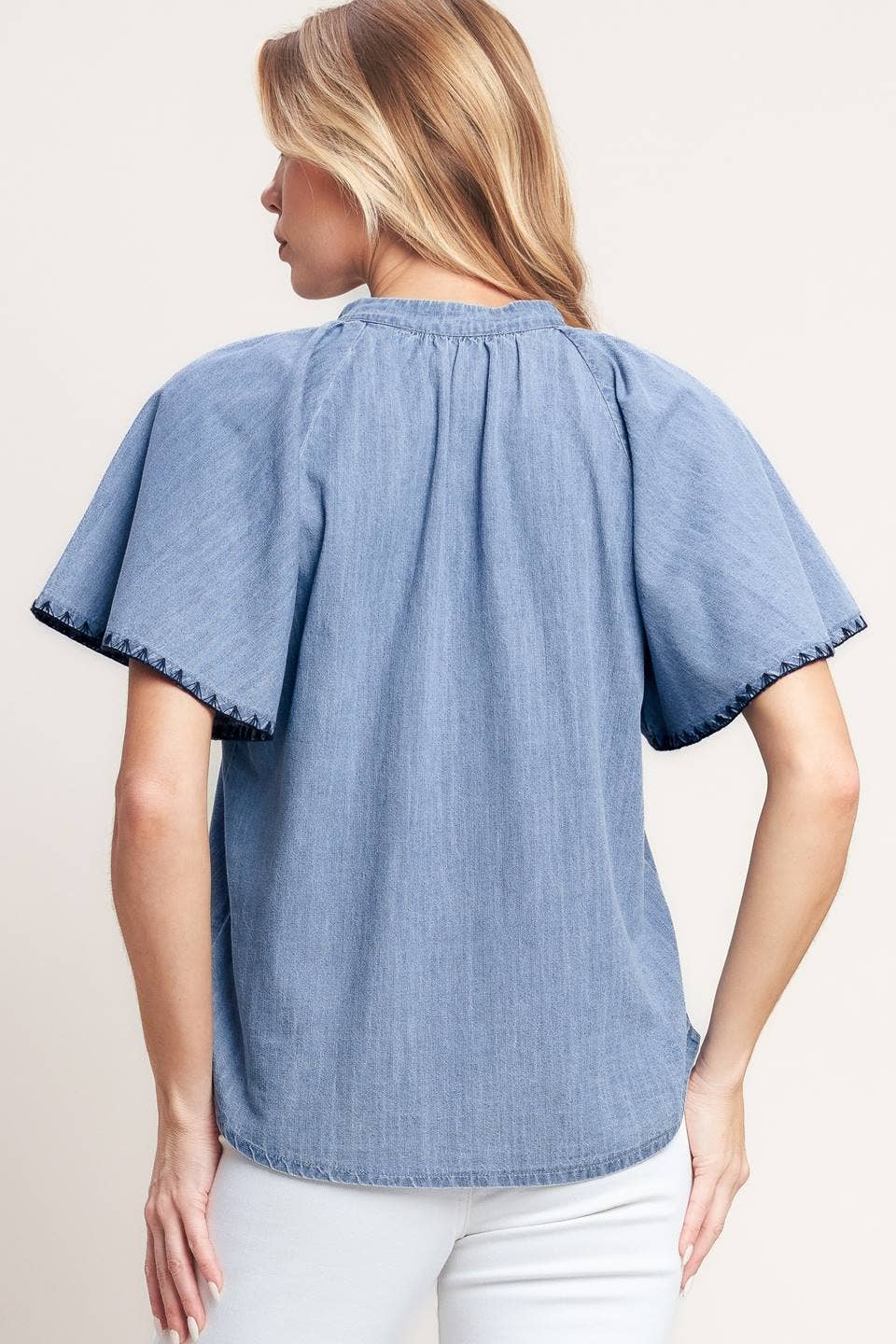 Light Blue Woven V - Neck Flutter Top - Purpose + Passion Boutique
