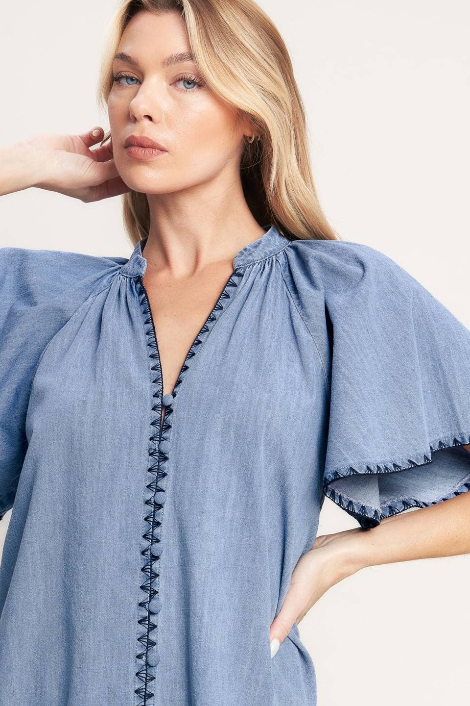 Light Blue Woven V - Neck Flutter Top - Purpose + Passion Boutique