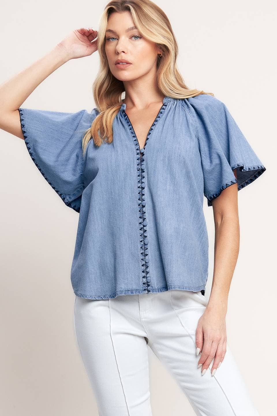 Light Blue Woven V - Neck Flutter Top - Purpose + Passion Boutique