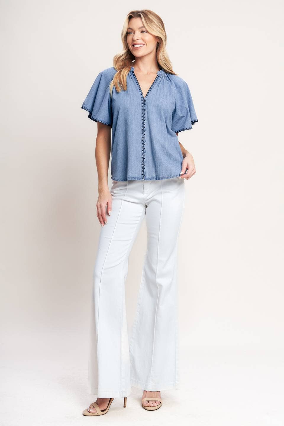 Light Blue Woven V - Neck Flutter Top - Purpose + Passion Boutique