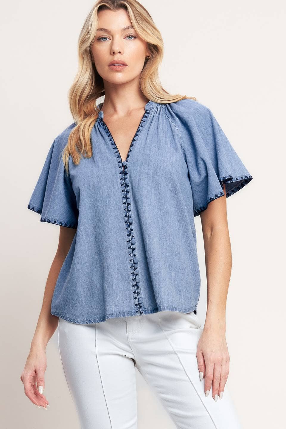 Light Blue Woven V - Neck Flutter Top - Purpose + Passion Boutique