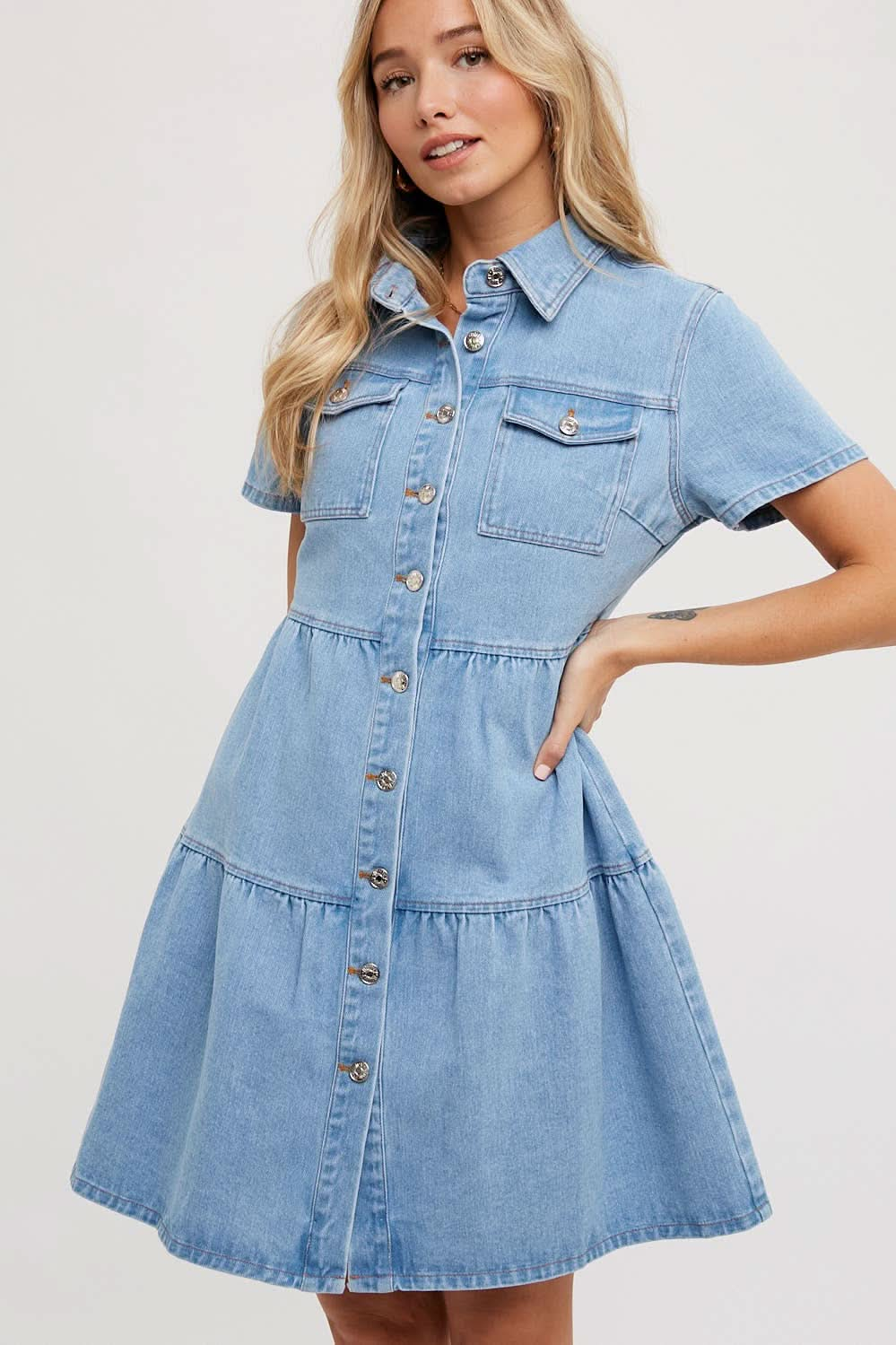 Light Wash Denim Tired Button Front Shirt Dress - Purpose + Passion Boutique