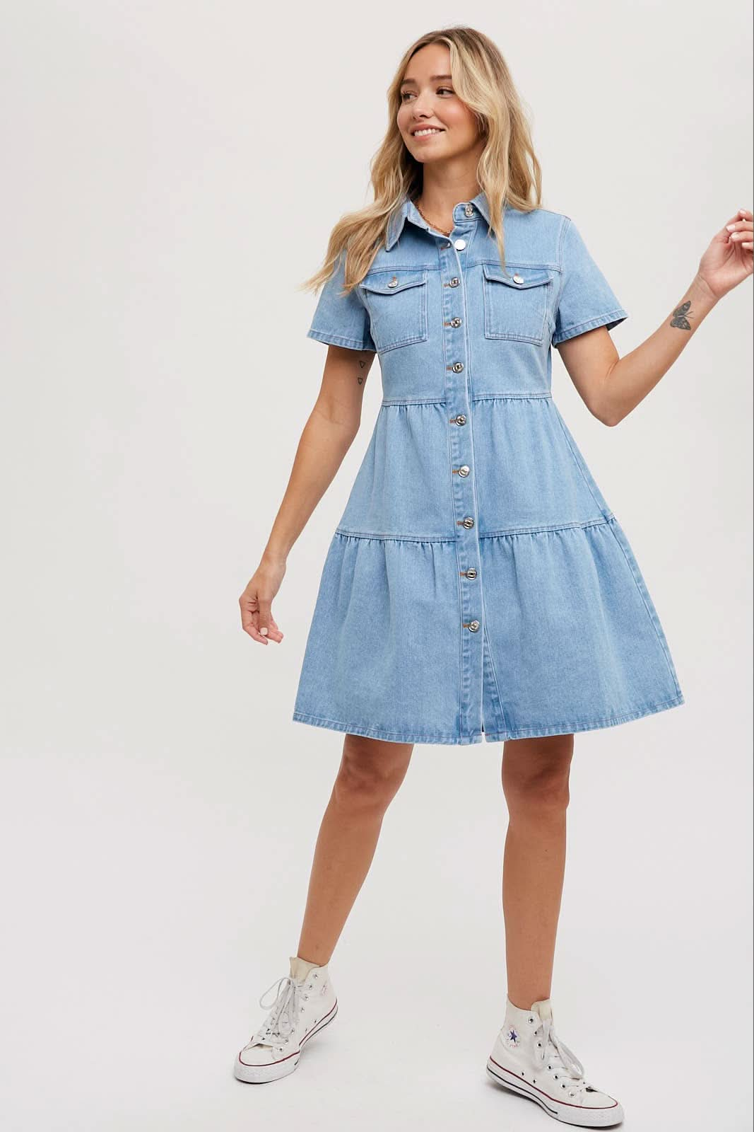 Light Wash Denim Tired Button Front Shirt Dress - Purpose + Passion Boutique