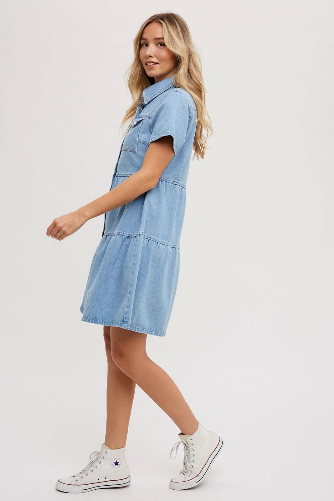 Light Wash Denim Tired Button Front Shirt Dress - Purpose + Passion Boutique