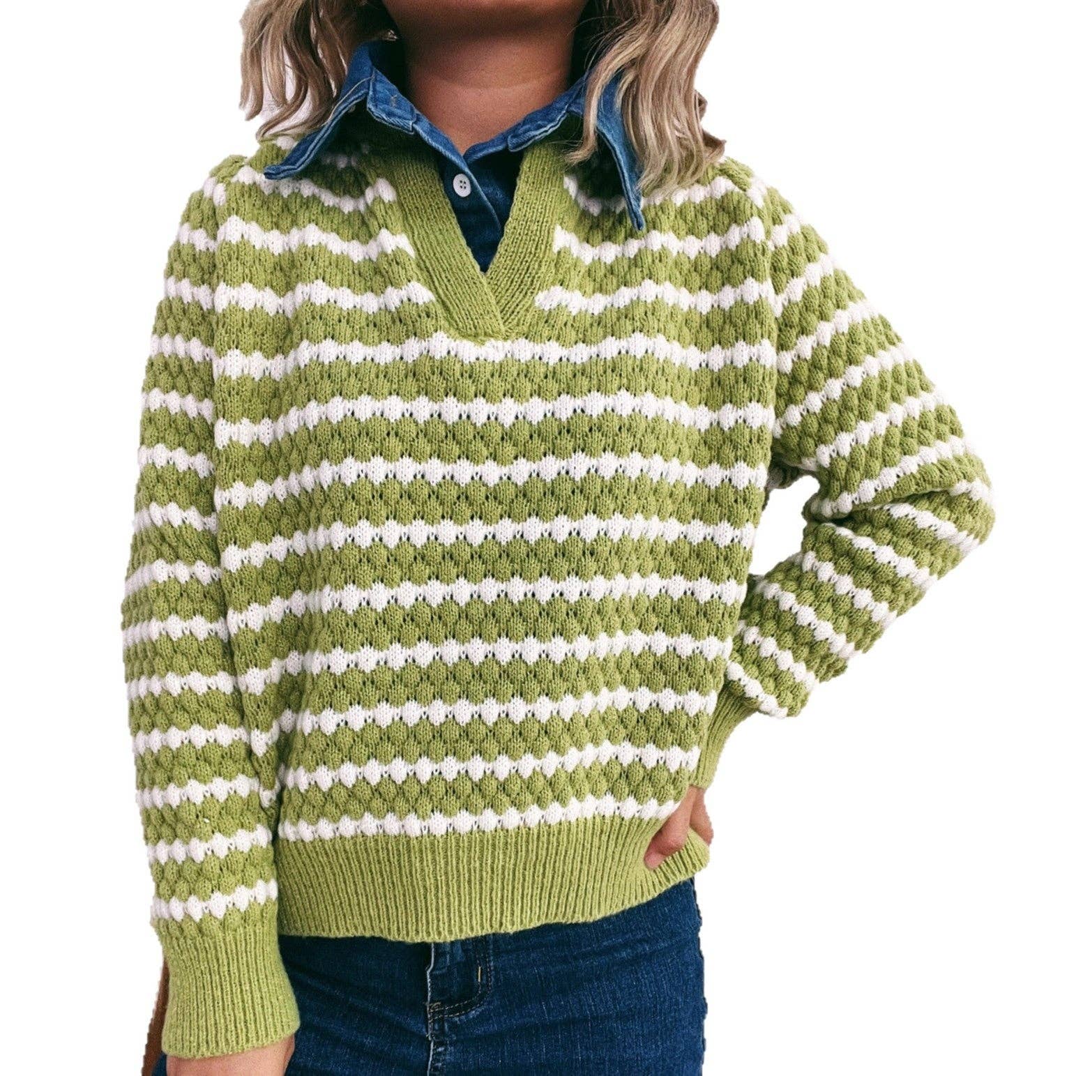 Lime + Cream Striped V - Neck Denim Faux Neck Sweater - Purpose + Passion Boutique