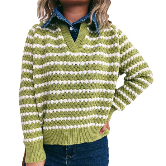 Lime + Cream Striped V - Neck Denim Faux Neck Sweater - Purpose + Passion Boutique