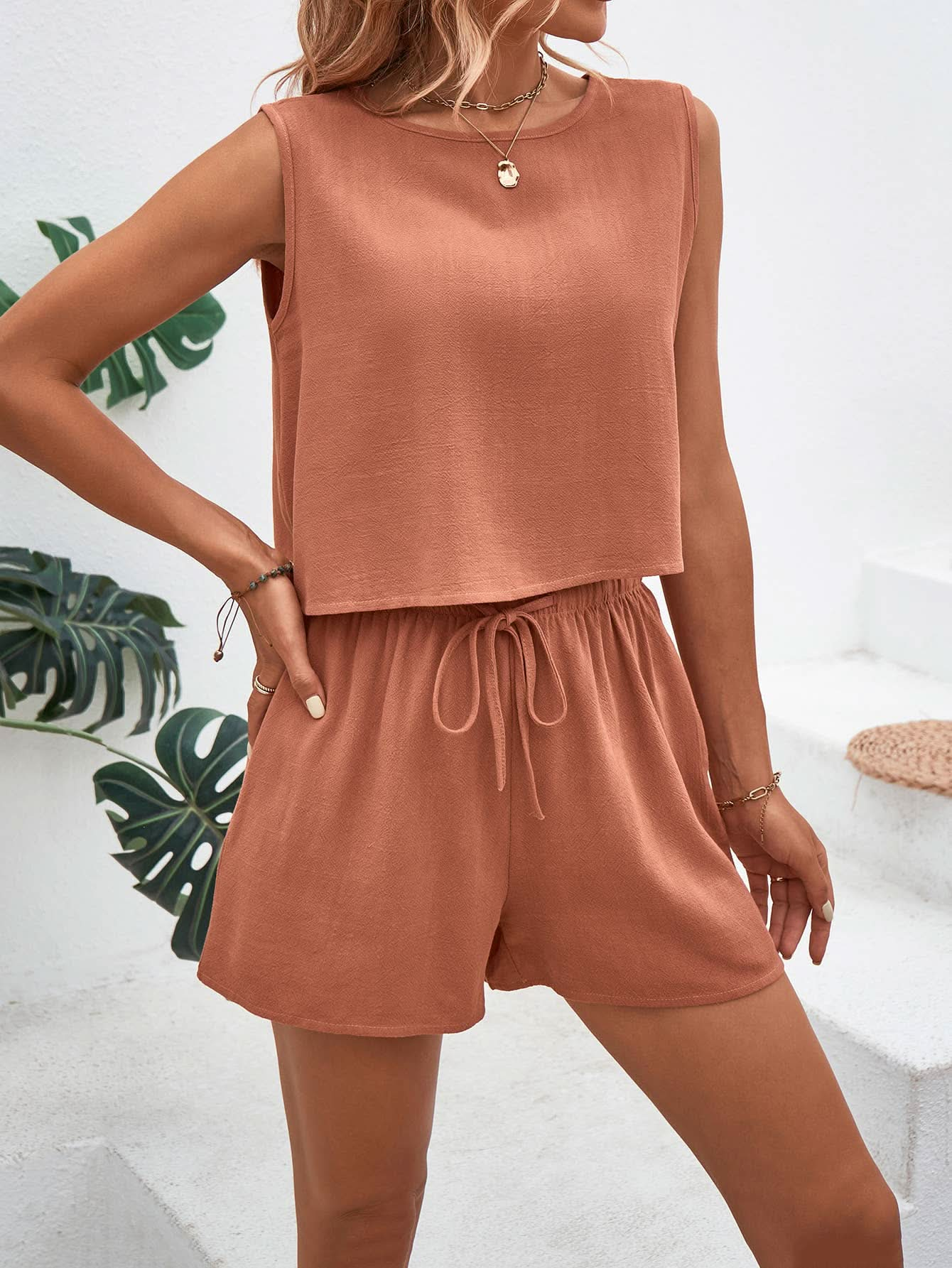 Linen Back Button Detail Crop Top + Shorts Set - Purpose + Passion Boutique