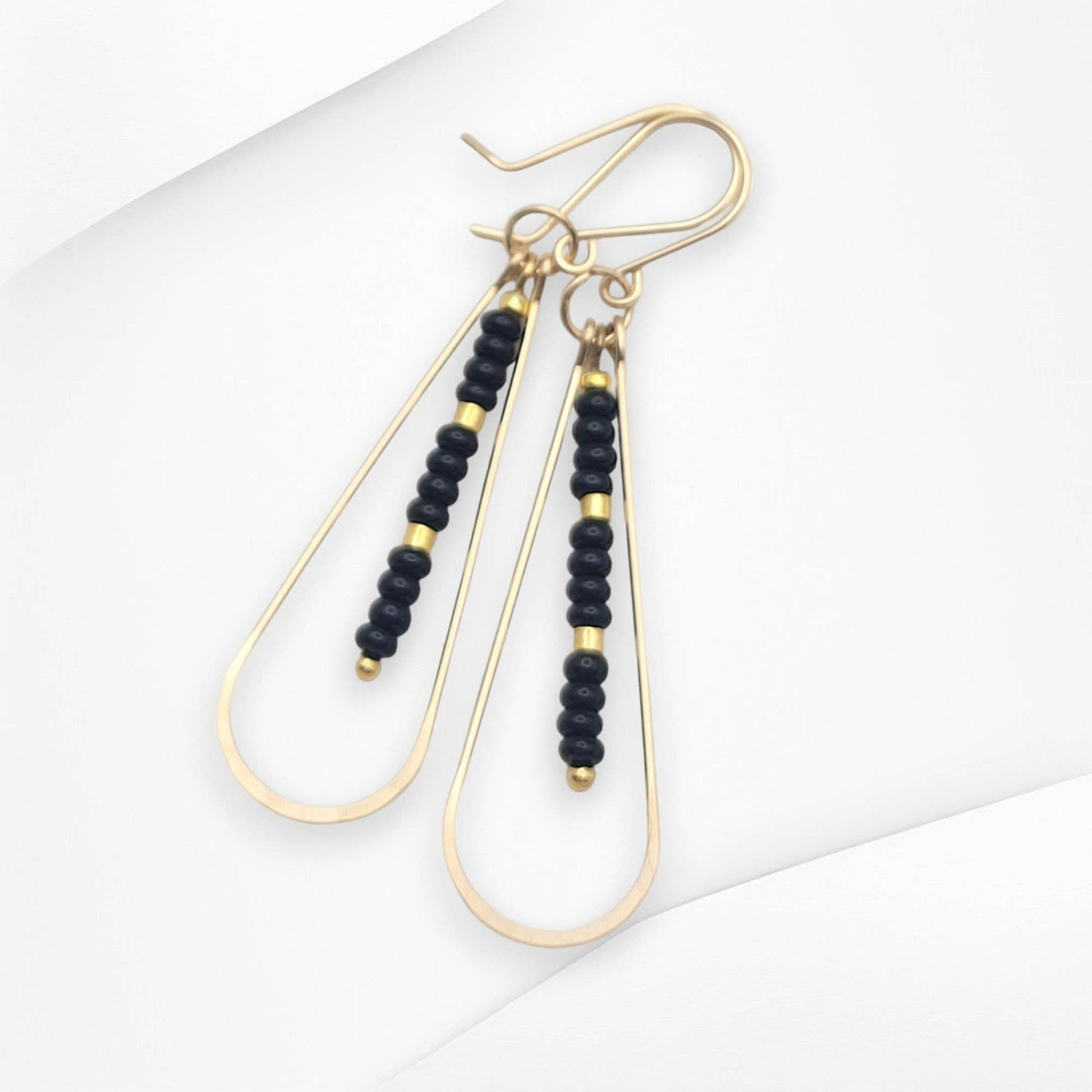 Long Gold Teardrop Hoop Earrings with Black Seed Beads - Purpose + Passion Boutique