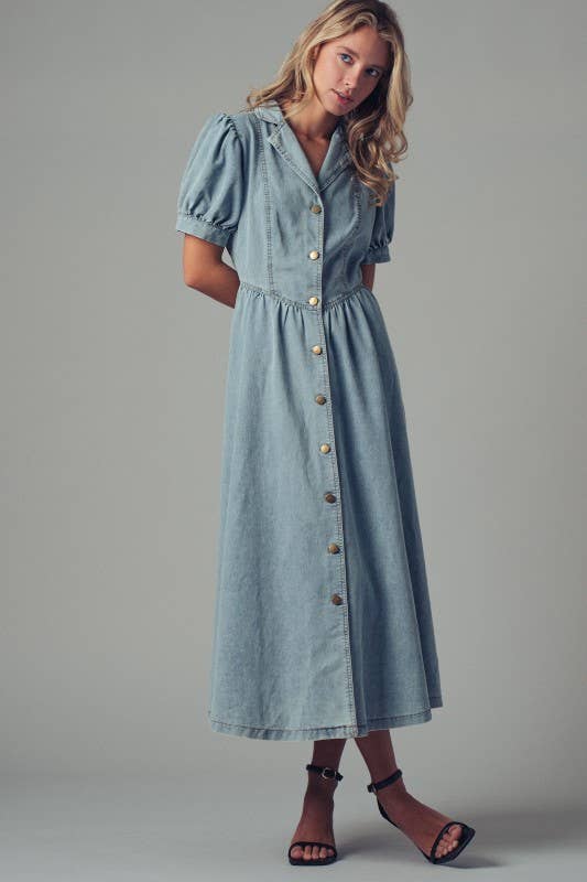 Lt. Denim Button - Down Puff Sleeve Denim Midi Dress - Purpose + Passion Boutique
