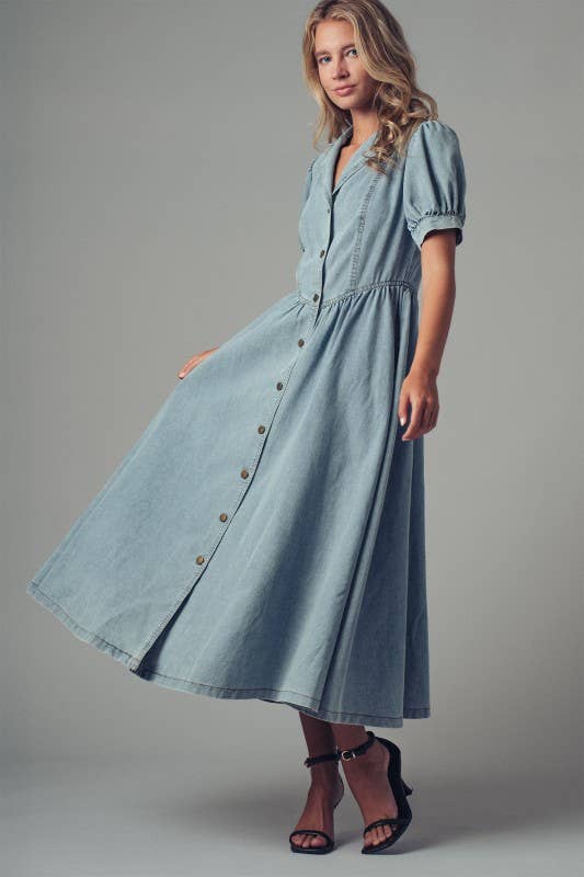 Lt. Denim Button - Down Puff Sleeve Denim Midi Dress - Purpose + Passion Boutique