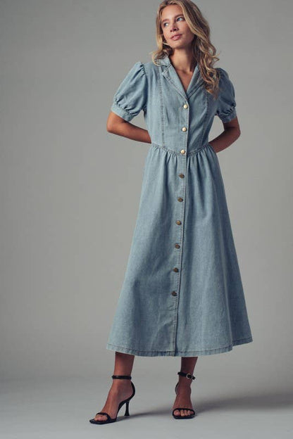 Lt. Denim Button - Down Puff Sleeve Denim Midi Dress - Purpose + Passion Boutique