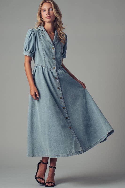 Lt. Denim Button - Down Puff Sleeve Denim Midi Dress - Purpose + Passion Boutique