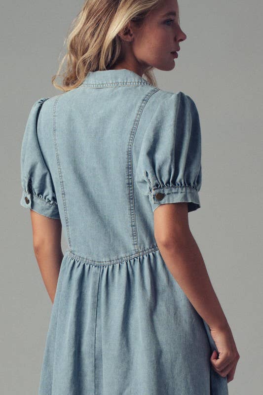 Lt. Denim Button - Down Puff Sleeve Denim Midi Dress - Purpose + Passion Boutique