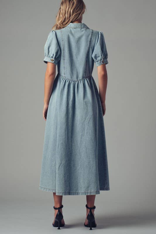 Lt. Denim Button - Down Puff Sleeve Denim Midi Dress - Purpose + Passion Boutique