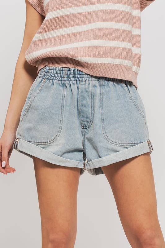 Lt. Denim Elastic Waist Cuffed Print Shorts - Purpose + Passion Boutique