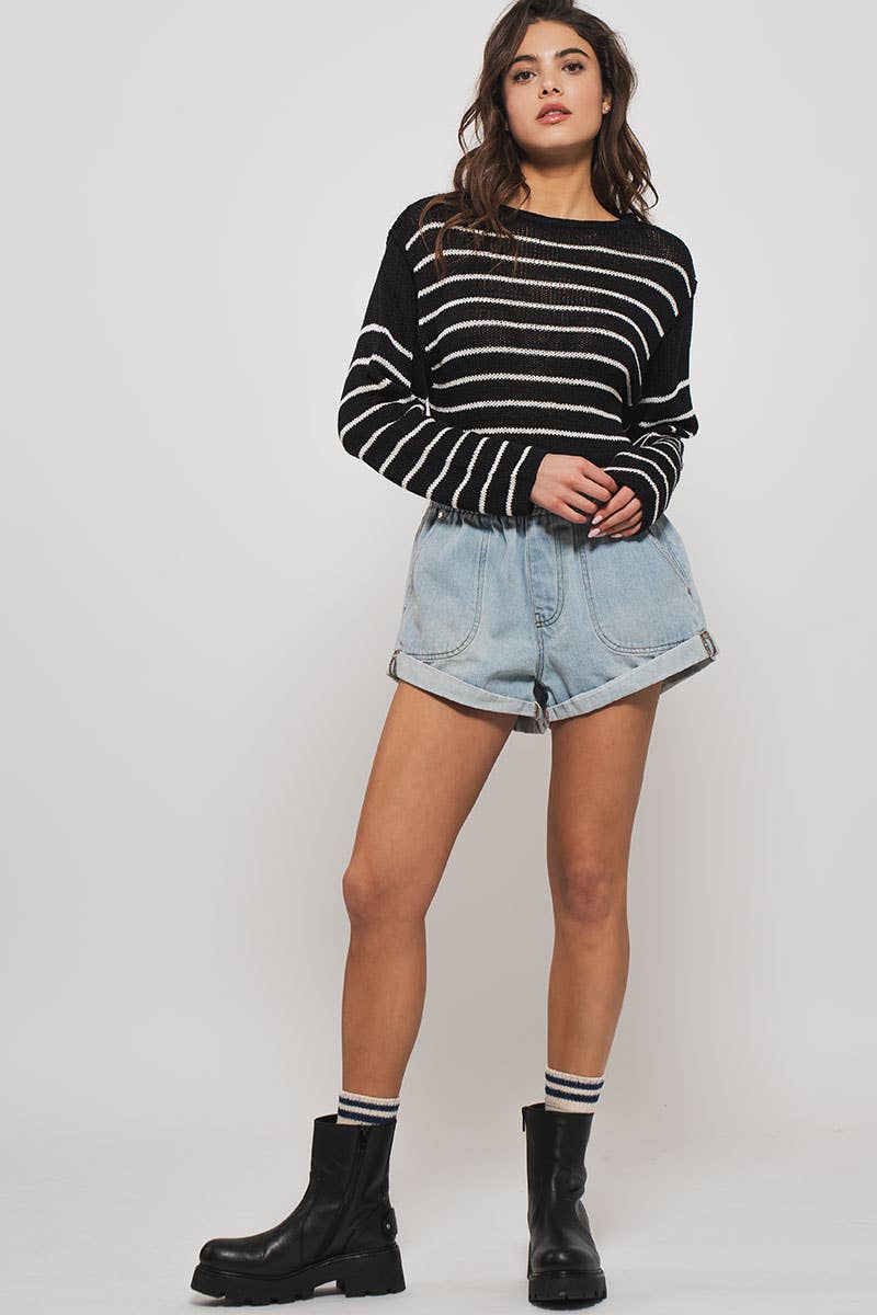 Lt. Denim Elastic Waist Cuffed Print Shorts - Purpose + Passion Boutique