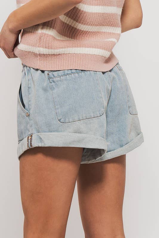 Lt. Denim Elastic Waist Cuffed Print Shorts - Purpose + Passion Boutique