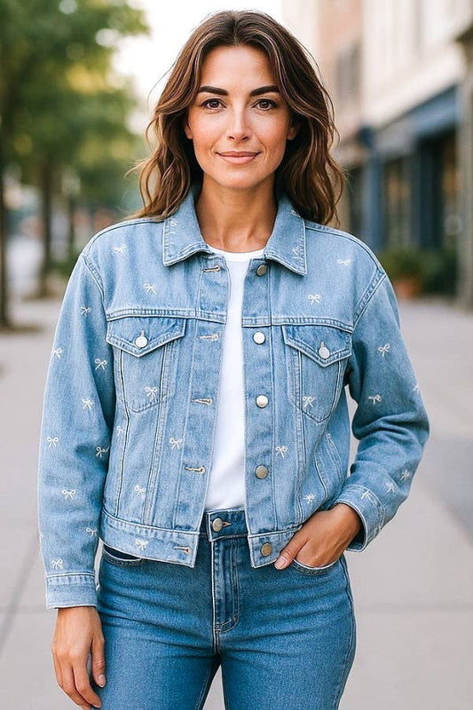 Mandie Bow Print Denim Jacket - Purpose + Passion Boutique