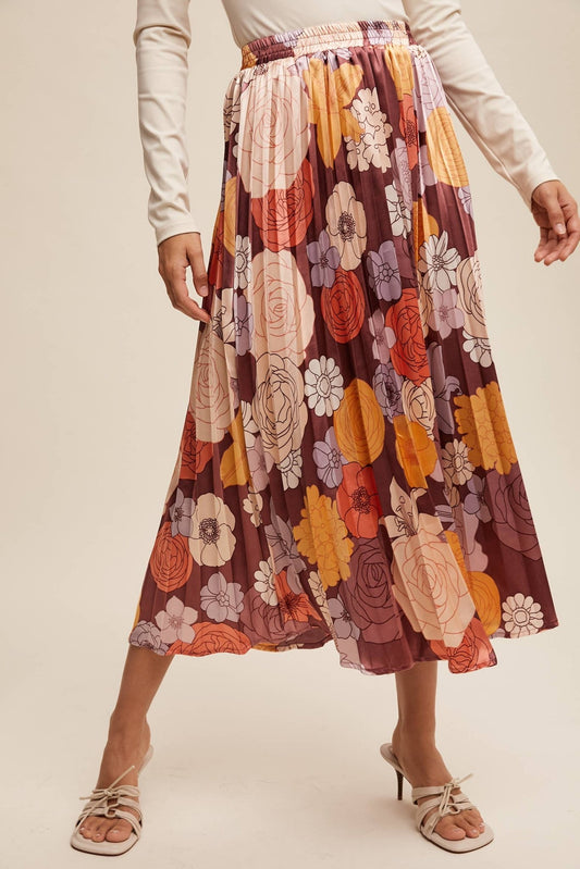 Maroon Stretch Satin Pleated Floral Midi Skirt - Purpose + Passion Boutique