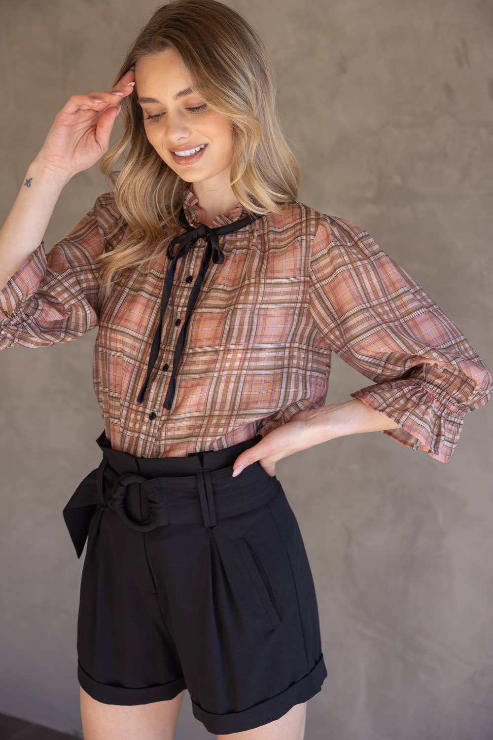 Mauve Contrast Front Tie Plaid Button Down Blouse - Purpose + Passion Boutique