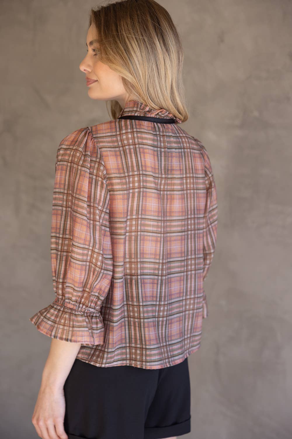 Mauve Contrast Front Tie Plaid Button Down Blouse - Purpose + Passion Boutique