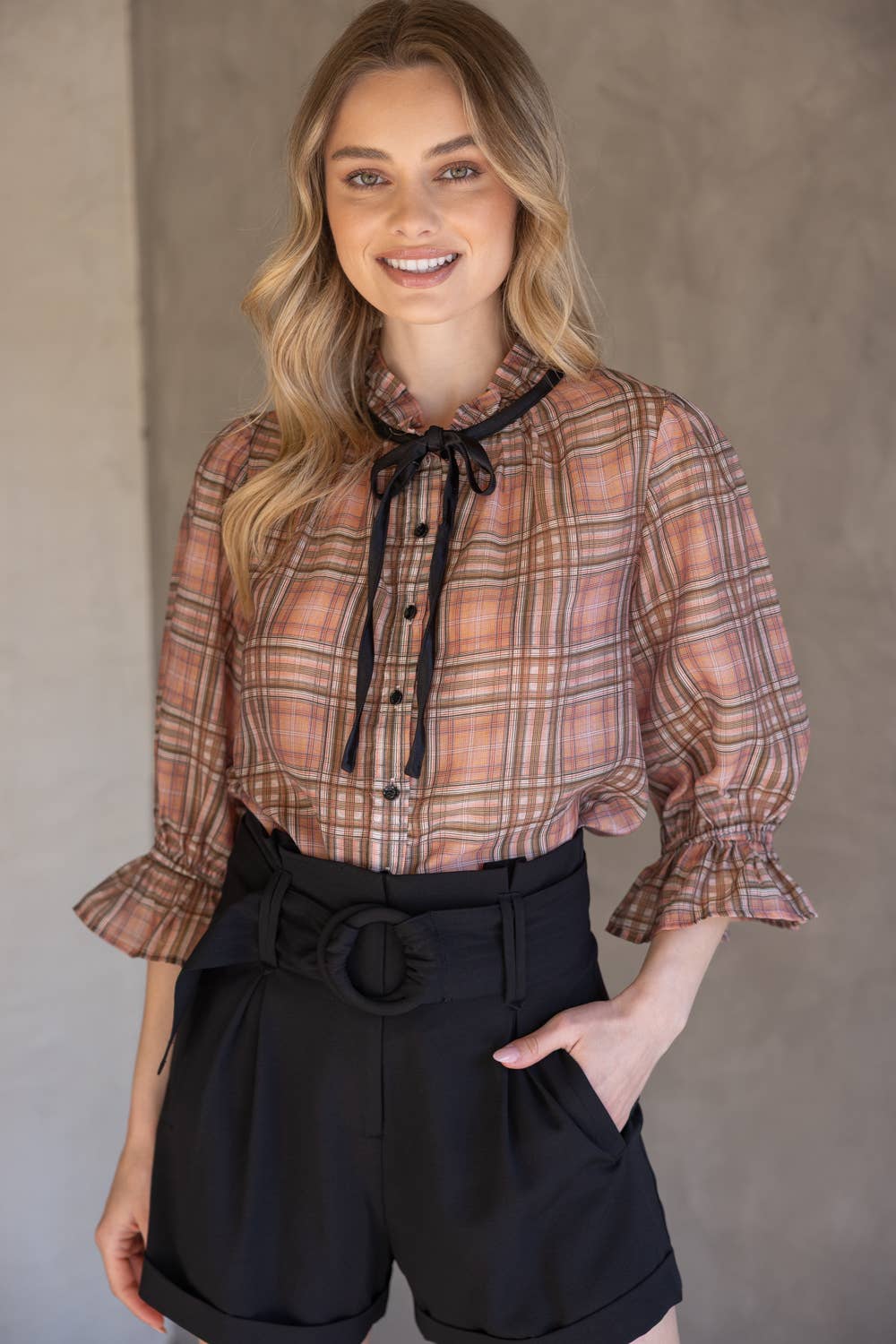 Mauve Contrast Front Tie Plaid Button Down Blouse - Purpose + Passion Boutique