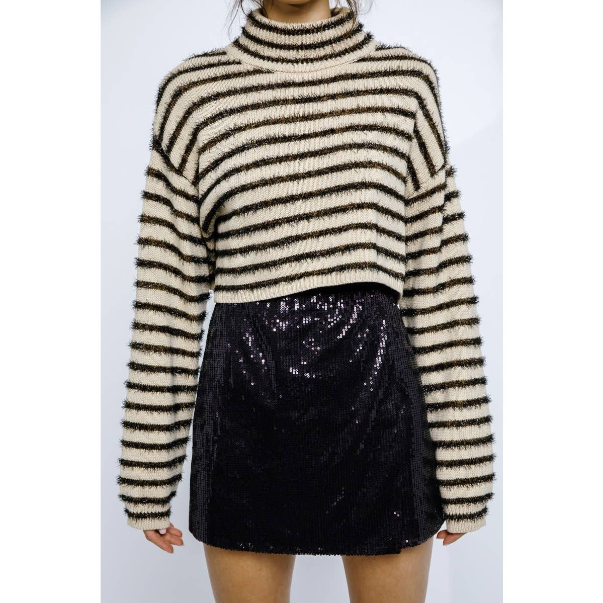 Metallic Striped Cropped Ribbed Sweater - Purpose + Passion Boutique