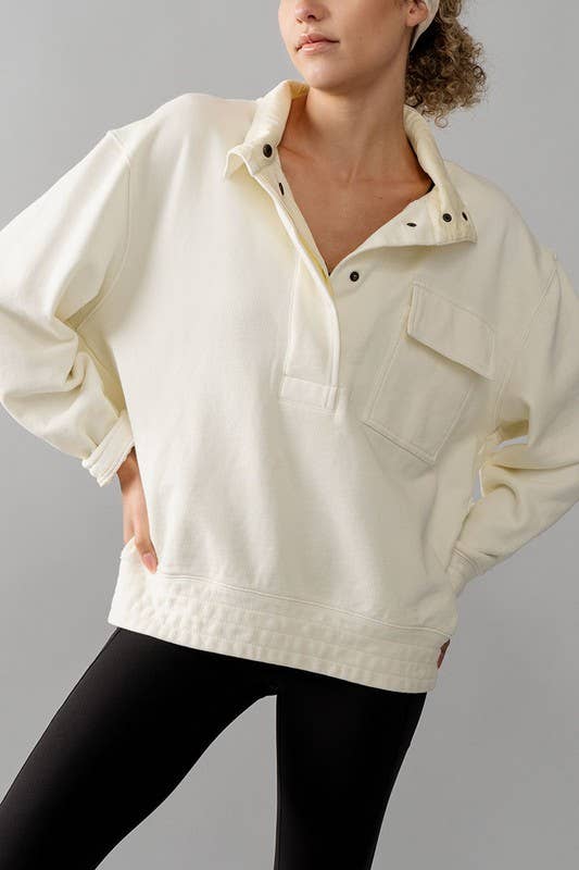 Mineral Washed Snap Button Mock Neck Sweatshirt - Purpose + Passion Boutique