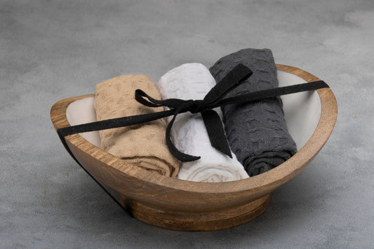 Mini Wooden Serving Bowl with 3 Dish Towels Gift Set - Purpose + Passion Boutique