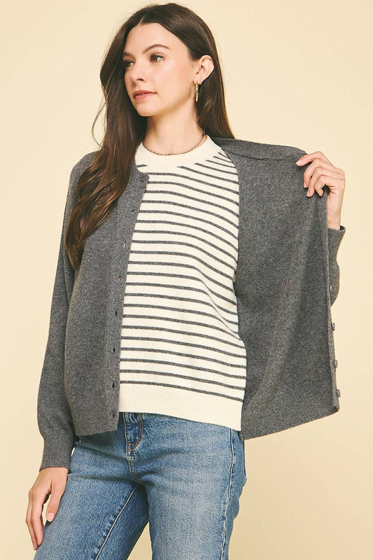 Mocha Striped Knit Top + Cardigan Combo Sweater - Purpose + Passion Boutique
