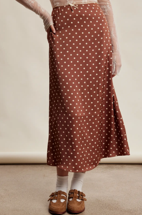 Mocha Polka Dot Satin Maxi Skirt