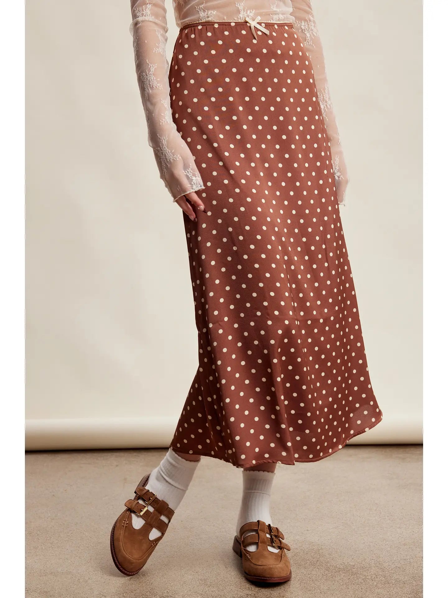 Mocha Polka Dot Satin Maxi Skirt