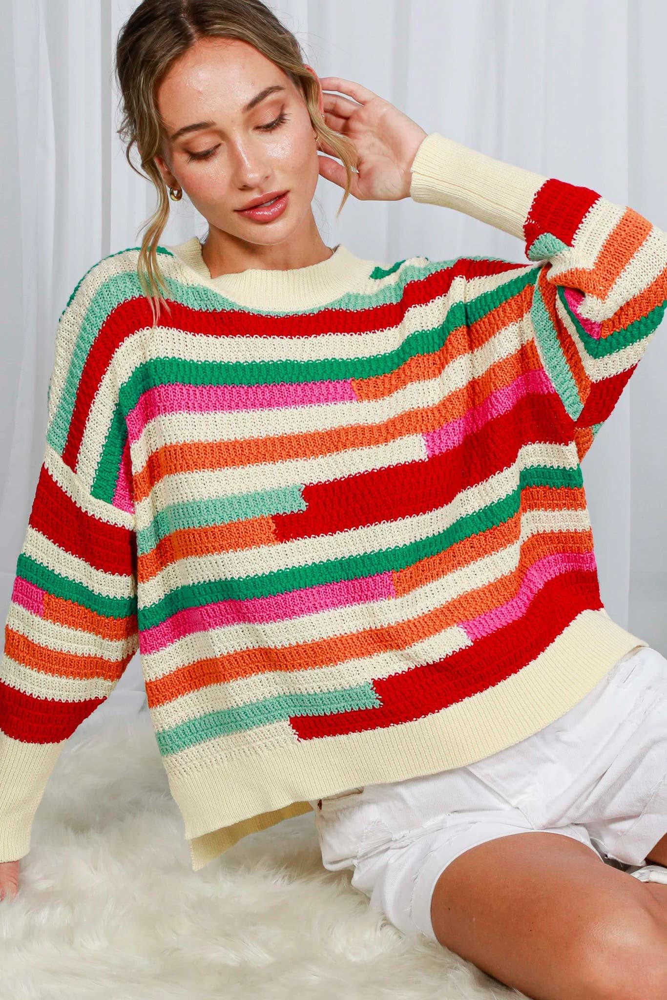 Multi Crew Neck Color Block Striped Cotton Crochet Sweater - Purpose + Passion Boutique