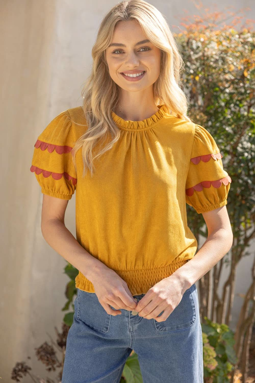 Mustard Scalloped and Smocked Suede Ruffle Top - Purpose + Passion Boutique