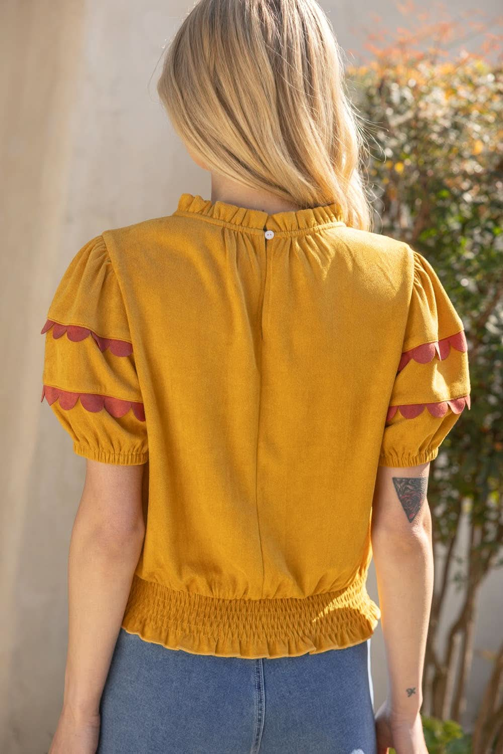 Mustard Scalloped and Smocked Suede Ruffle Top - Purpose + Passion Boutique