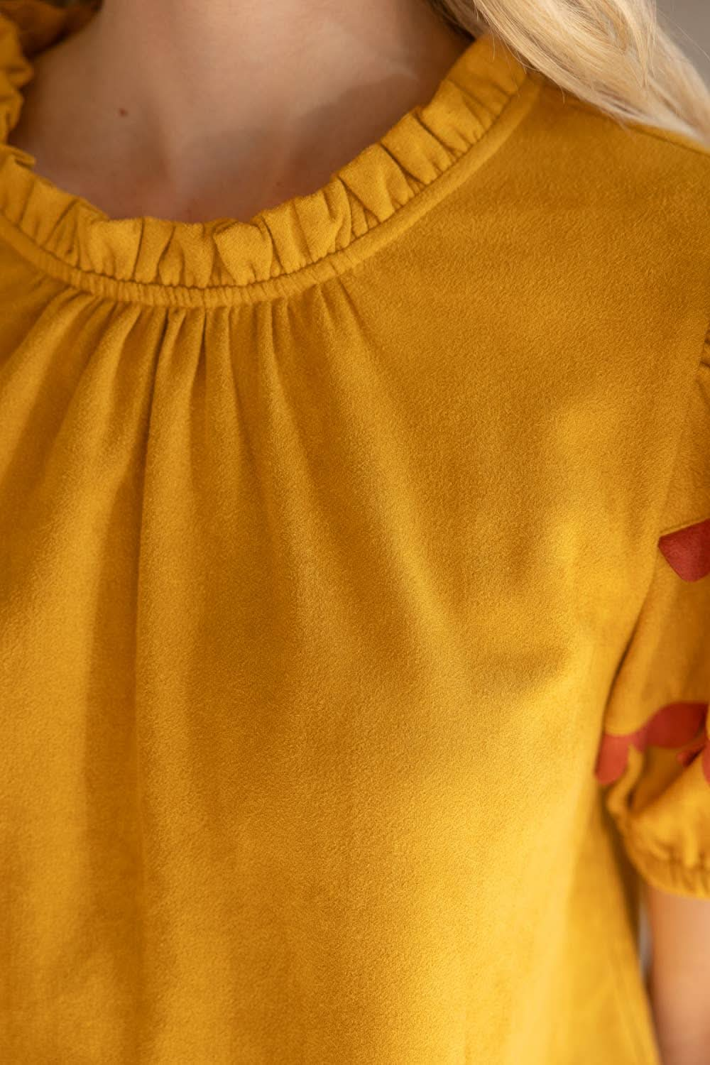 Mustard Scalloped and Smocked Suede Ruffle Top - Purpose + Passion Boutique