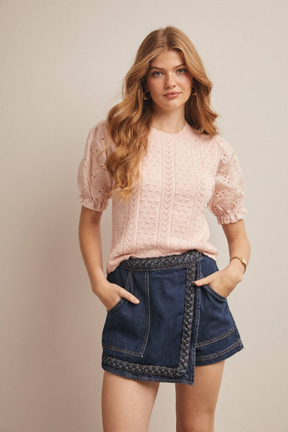 Mute Pink Lace Puff Sleeve Knit Top - Purpose + Passion Boutique