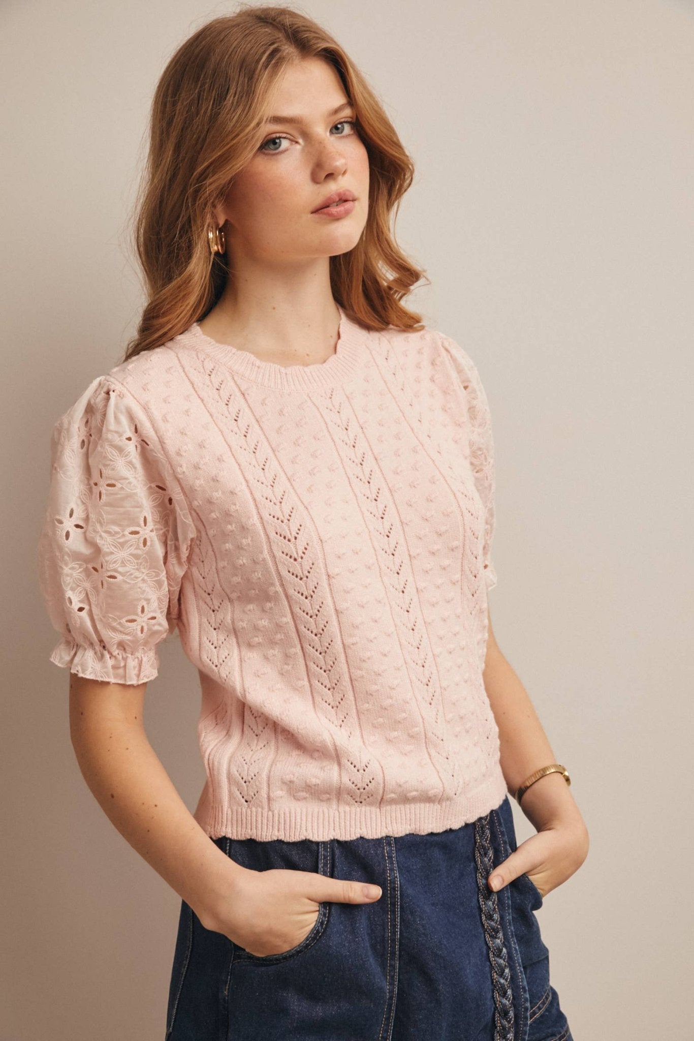 Mute Pink Lace Puff Sleeve Knit Top - Purpose + Passion Boutique