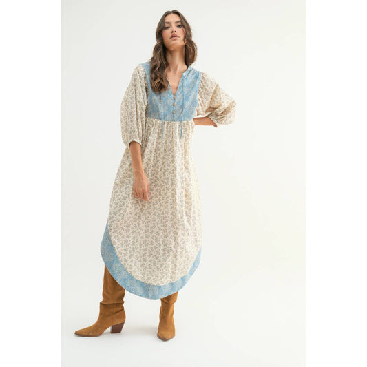 Natural / Blue Midi Boho Dress - Purpose + Passion Boutique
