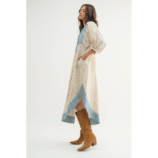 Natural / Blue Midi Boho Dress - Purpose + Passion Boutique