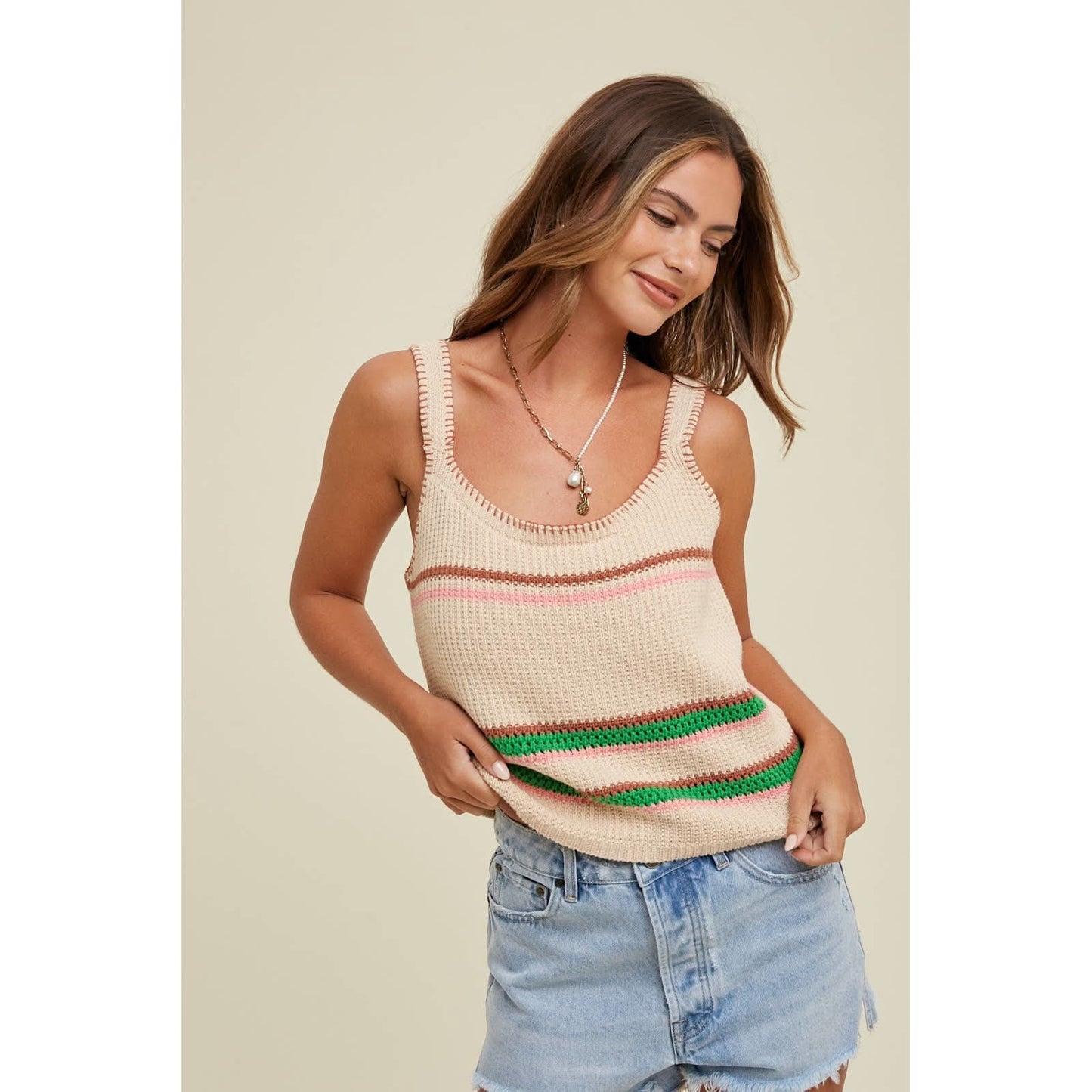 Natural / Green Multi - Striped Sweater Tank - Purpose + Passion Boutique