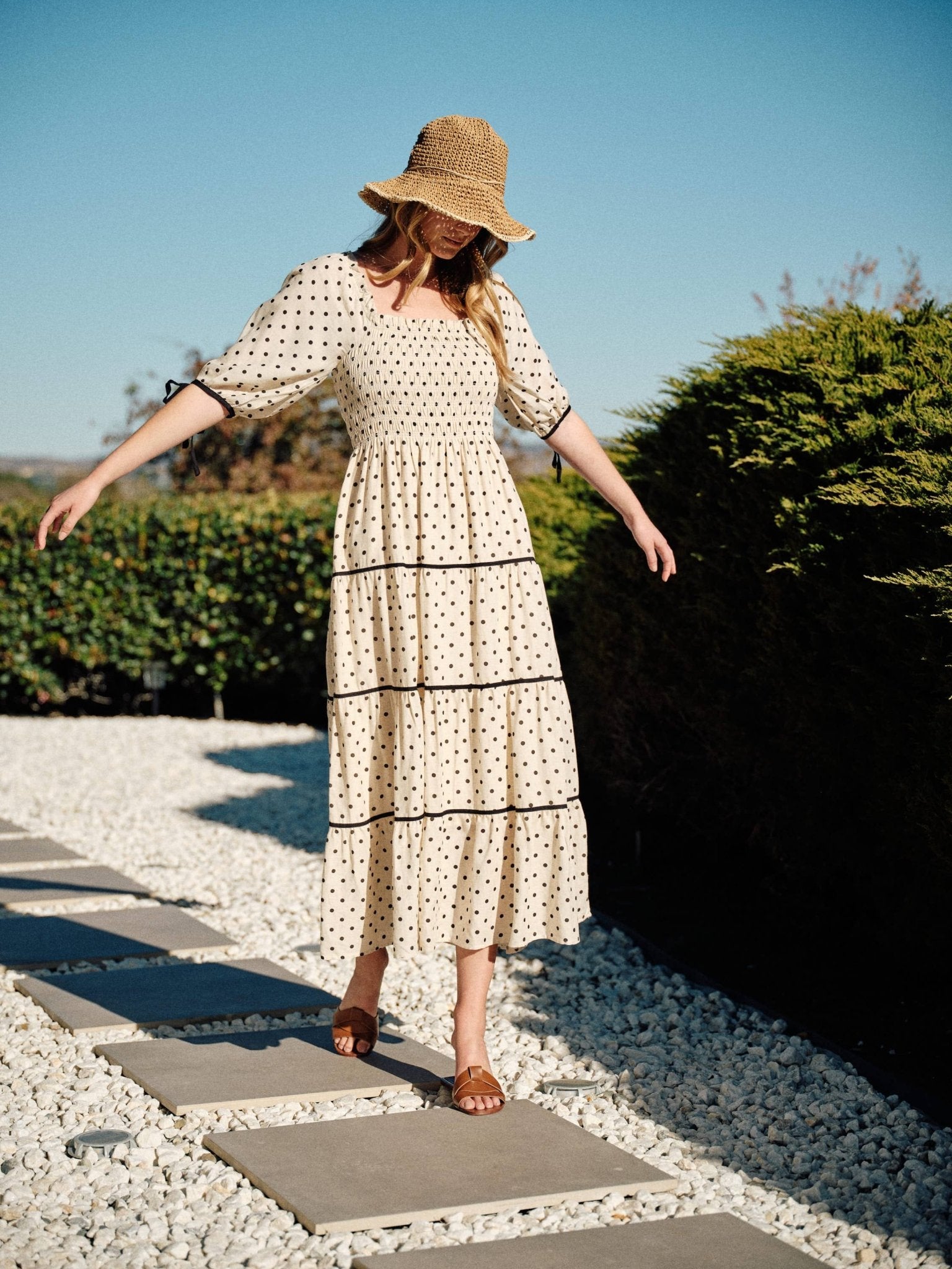 Natural Polka Dot Smocked Midi Dress - Purpose + Passion Boutique