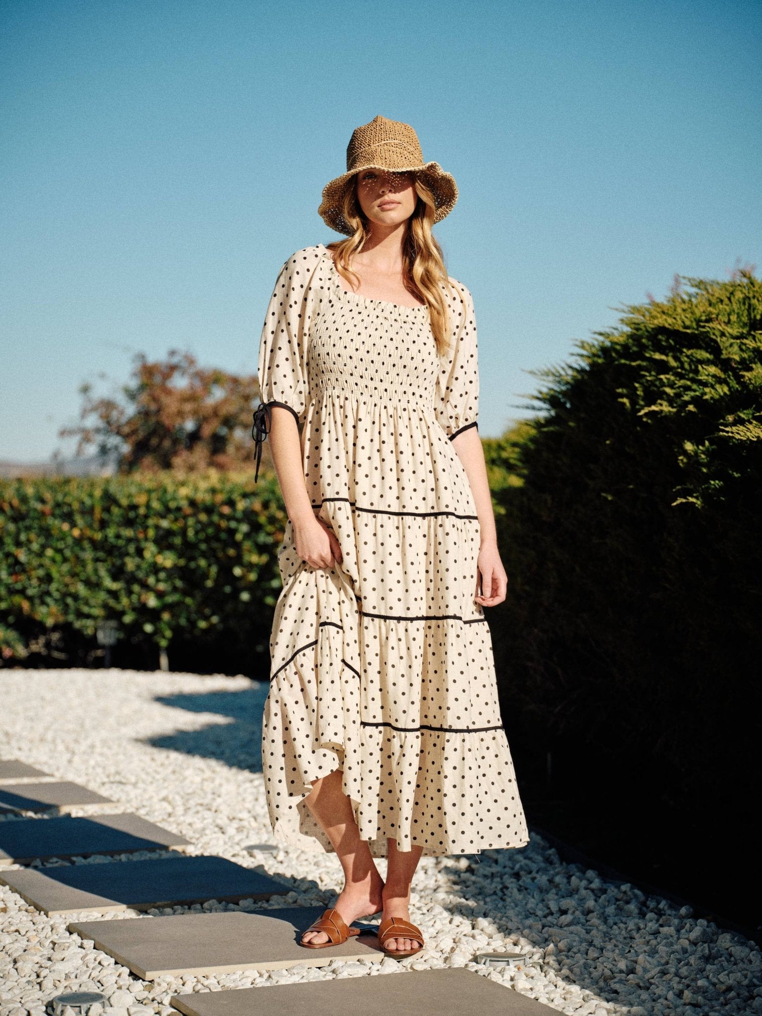 Natural Polka Dot Smocked Midi Dress - Purpose + Passion Boutique