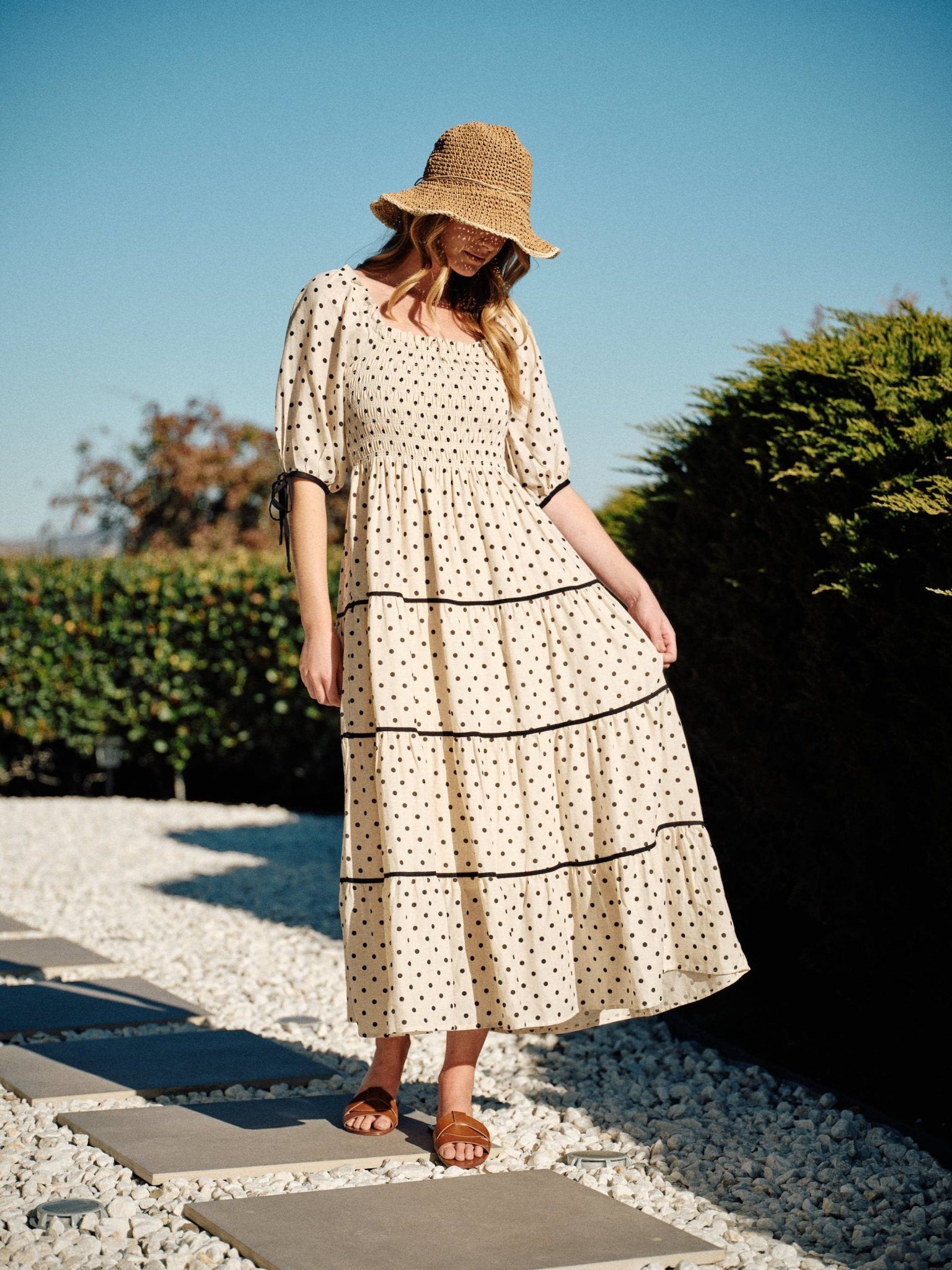 Natural Polka Dot Smocked Midi Dress - Purpose + Passion Boutique