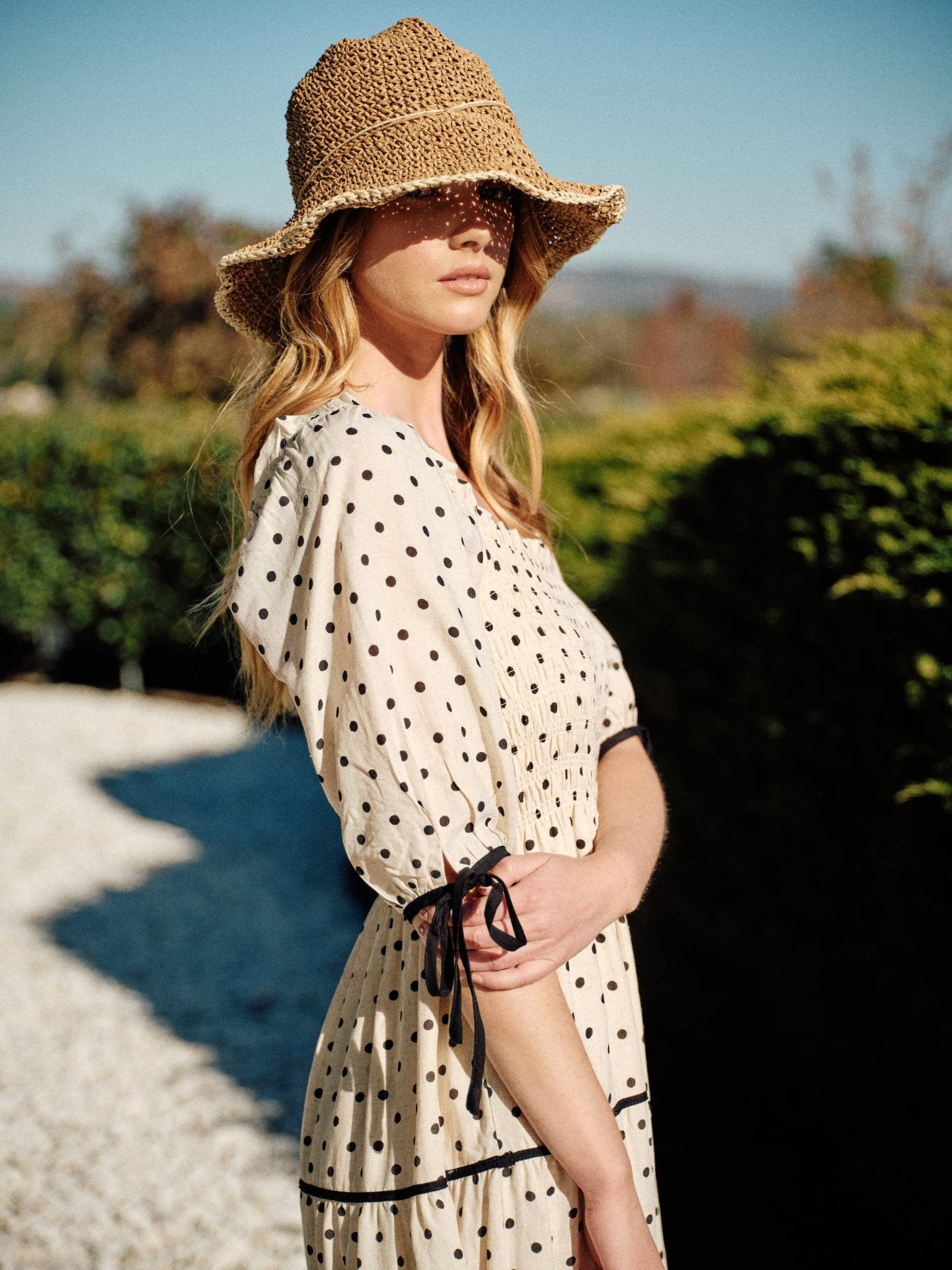 Natural Polka Dot Smocked Midi Dress - Purpose + Passion Boutique