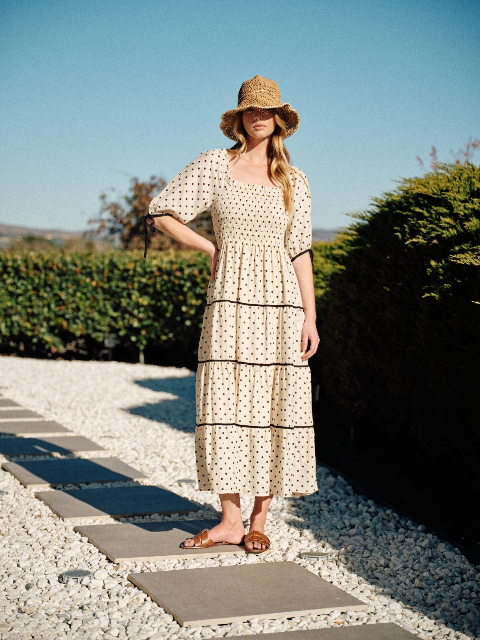 Natural Polka Dot Smocked Midi Dress - Purpose + Passion Boutique